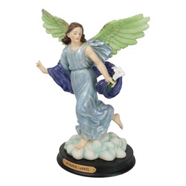 Ebros Catholic Church Colorful Archangel Saint Gabriel Statue 10" Tall Angel Messenger of God Holding A White Lily Flower Decorative Figurine with Brass Name Plate Heaven Cherubims and Angels Decor