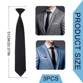 FUIPVGI 3 Pieces Black Tie for Men's,Clip-on Ties Solid,Men's Clip on Necktie Pretied Men's Button Ties,Lazy Tie for Formal Business Tie Graduation School Uniforms Wedding Celebration Parties(Black)