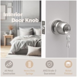 Voraus Keyed Entry Door Knob with Lock and Key, Round Ball Locking Door Knob, Interior and Exterior Door Lock Set for Bedrooms, Bathrooms and Home Use, Brushed Nickel, 10 Pack