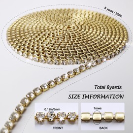 1 Rows 8 Yards Rhinestone Trim Close Chain for Crafts, Rhinestone Strips Ribbon, DIY Decoration (Gold)