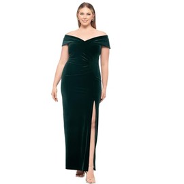 Xscape Women's Plus Size Long Velvet Off-The-Shoulder Gown with Leg Slit and Center Back Zipper, Hunter, 18
