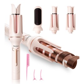 Auto Hair Curler, 3-in-1 Automatic Curling Iron & Brush Set, 1" & 1.25" Interchangeable Rotating Barrels, Anti-Scald & Anti-Tangle Wand for Hair Styling, Auto Shut-Off, Dual Voltage, Pink