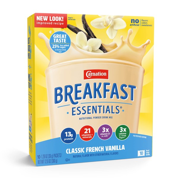 Carnation Breakfast Essentials Powder Drink Mix, Classic French Vanilla, 10 Count Box of Packets (Pack of 6) (Packaging May Vary)