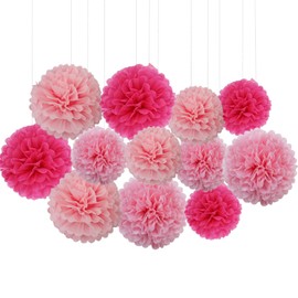 Ainmto Pack of 12 Tissue Paper Pompoms Pink Party Pompoms Decoration for Birthday, Wedding