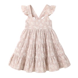 YOUNGER TREE Toddler Baby Girl Dress Summer Outfits Floral Flutter Sleeve Smocked Dress Kids Causal Boho Dresses Clothes (3-4T, Khaki Daisy)