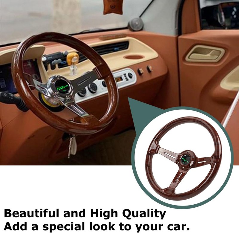 RASTP Walnut Wood Grain Trim Racing Steering Wheel, 13.8''/350MM 6