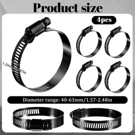 4 PCS Stainless Steel Hose Clamp, 2.5 Inch Black Hose Clamps Worm Gear Hoses Clamp Adjustable 40-63mm Size Range Fuel Line Clamps for Plumbing Automotive and Mechanical Application