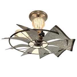 Galvanized Windmill Ceiling Light Non-Motorized 16"- Lighting Fixture Farmhouse Chandelier Kitchen Cottage Modern Lamp Goods Rustic Bathroom Industrial Vintage Chandelier Flush Mount Cabin Metal
