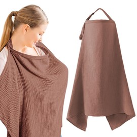 Muslin Nursing Cover for Breastfeeding, Soft&Breathable Cotton Breastfeeding Cover for Women,Privacy Nursing Covers with Arch Neckline Adjustable Hoop for Mother Nursing Apron (Coffee)