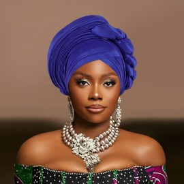 Nigerian beaded headwear Exquisite handmade African fan-shaped women's headscarf,suitable for weddings and special occasions (Blue)