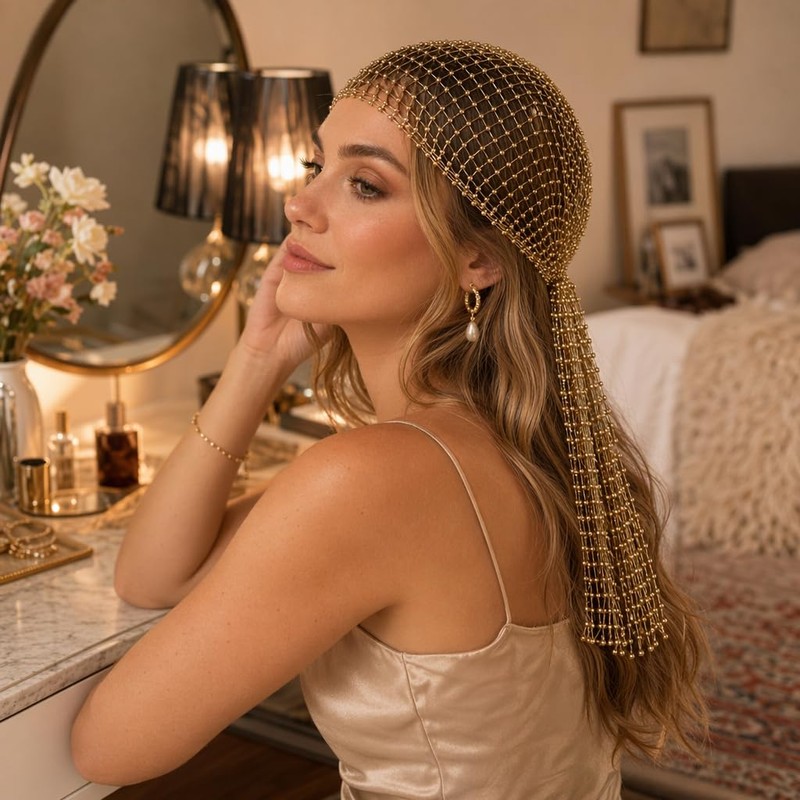 Gold Headpiece, 90cm Chainmail Sequin Bandana Hair Accessory