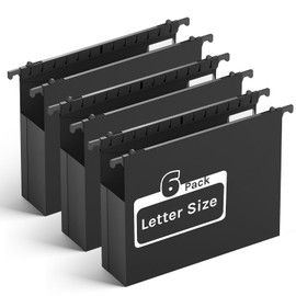 Ansook Extra Capacity Plastic Hanging File Folders,2" Expanding Accordian Pocket with Black Insert Gasket,Heavy Duty for Filing Cabinet, Hard Hang Folders Organizer, Black,Letter Size,6 Pack