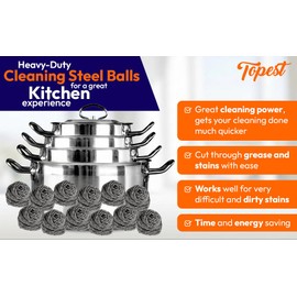 Topest Stainless Steel Scourer |12 Pack | Dish Washing Up Pot Scrubber | Heavy Duty Sponge Spiral Scourer Scrubbing Pad | Household Cleaning Tools Accessories