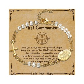 Oidea Virgin Mary Cross Rosary Bracelet: Gold Catholic Beaded Bracelets for Women Virgin of Guadalupe Adjustable Link Chain Bracelet First Communion Jewelry Gifts, Transparent Beads