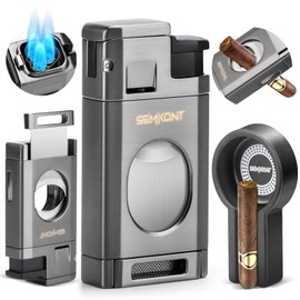 SEMKONT Triple Jet Flame Cigar Lighter with Cutter, Windproof Butane Refillable Torch Lighter Gift Accessories Ashtray Set (Grey)