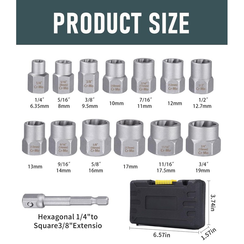 Bixury 14-Piece Nut Remover Set 3/8 Inch Nut Socket Set