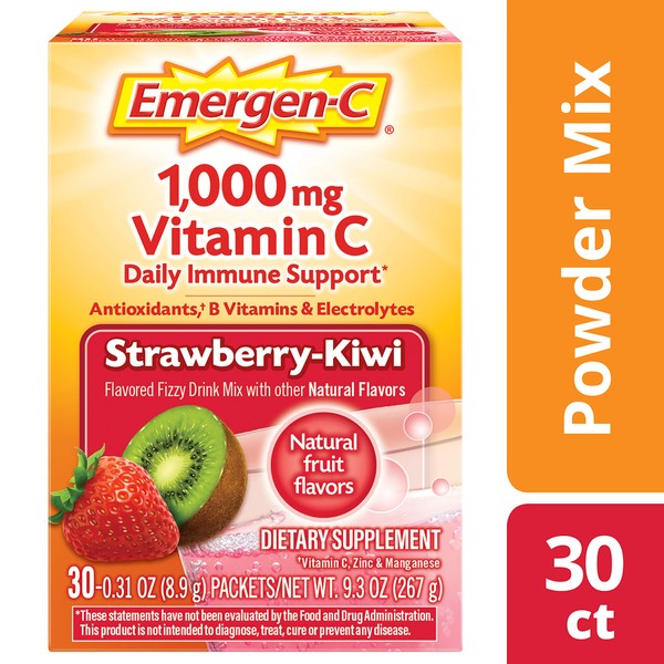 Emergen-C Vitamin C 1000mg Powder (30 Count, Strawberry Kiwi Flavor, 1 Month Supply), with Antioxidants, B Vitamins and Electrolytes, Dietary Supplement Fizzy Drink Mix, Caffeine Free