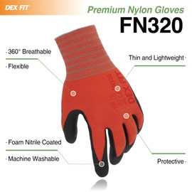 DEX FIT Nitrile Work Gloves FN320, 3D Comfort Stretch Fit, Power Grip, Durable Foam Coated, Thin & Lightweight Premium Nylon, Machine Washable, Red 9 (L) 3 Pairs