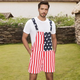 WIDEPAMY American Flag Overalls Denim Rompers Shorts, Patriotic 4th of July Holiday One Piece Jumpsuit (F01-M