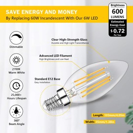 48-Pack Dimmable E12 LED Candelabra Bulbs 60W Equivalent, 2700K Soft Warm White, 600 Lumens B11 Candle Base 6W C35 LED Filament Vintage Light Bulbs, Clear Glass for Chandelier Ceiling Fan High CRI 90+