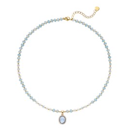 (Hamist) Aquamarine Natural Inspired Design Necklace Pendant 17.7 inches (45 cm) with Gold Chain Accessory for Women Elegant Jewelry, Pearl