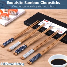 Antner 5 Pairs Bamboo Chopsticks Reusable Chop Sticks Japanese Style Bamboo Chopstick with Black Box Lightweight 8.8 Inch/22.5cm Non-Slip Chopsticks Gift Set
