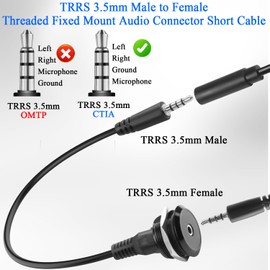 QIANRENON TRRS 3.5mm Threaded Fixed Headphone Adapter Short Cable 4 Pole TRRS 1/8 Male to Female Bulkhead Mount Audio Connector Extender, for CTIA Stereo + Microphone Port Extension, 25cm/9.8in