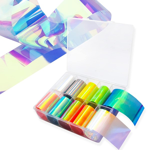 SILPECWEE 10 Sheets Glass Nail Stickers Tips Gradient Aurora Laser Design Glass Fragments Paper Full Wraps DIY Nail Strips Manicure Accessories