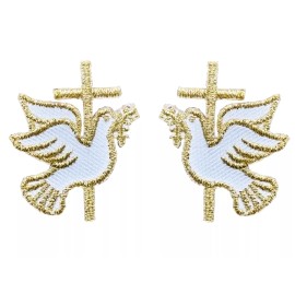 Unbranded #5210  1 Pair Gold Small Dove with Cross Embroidered Iron On Applique Patch