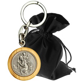 Lunexus Christopher Keyring – Olive Tree Wood & Metal Embossing – Saint Christopher – Blessed – Patron Saint Drivers – Lucky Charm for Car & Motorcycle – Gift for Pilgrims, Silver / wood