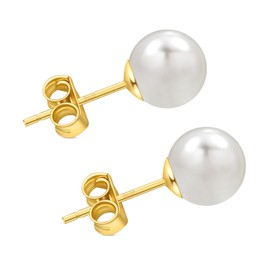 HAINBAG 8mm Freshwater Pearl Stud Earrings for Women, Hypoallergenic 18K Gold Vermeil Earrings Studs with Genuine Round White Pearls