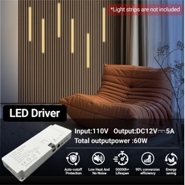 HAMRVL LED Lighting Accessory - 6 Output Ports 12V 5A 60W Power Supply with 6pcs 2m Welding Extension Cord and Dimmer Switch,Low Voltage Transformer for Under Cabinet Lighting, Wall Panel Lights