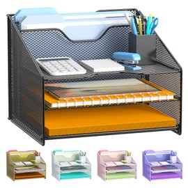 Samstar Desk File Organizer, Mesh Letter File Folder Holder with 3 Paper Trays and 2 Vertical Upright Section, for Office Supplies,Desk Accessories & Workspace,Black.