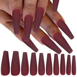 LoveOurHome 100pc Coffin Press on Nails Long Fake Nails Matte Full Cover False Nails Press ons Artificial Nail Medium Ballerina Fake Fingernail Wine Red Presson on Nail Tips for Women Kids Girls