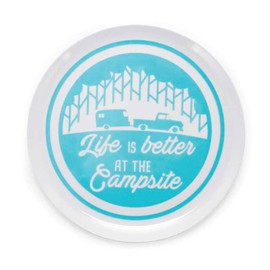 Camco Life is Better at The Campsite Large Dinner Plate - White with Teal and Navy Retro RV, Camper, and Trailer Print, BPA Free, Melamine (53227)