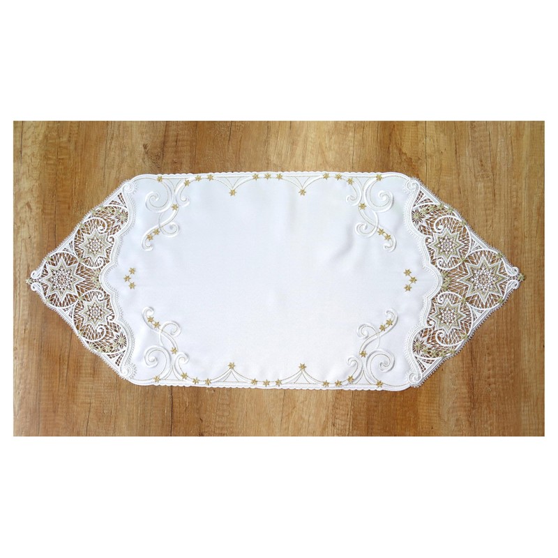 Festive Christmas Table Runner Sandy with Plauen Lace in White/Gold