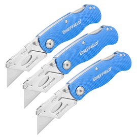 Sheffield 12514 Folding Utility Knife 3 Pack, Quick Change Utility Knife Blades, Compact Aluminum Handle, Box Cutter, Razor Blades Included