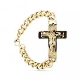 Unbranded Jesus Cross Men's Stainless Steel Gold Plated Cuban Link Bracelets 9"