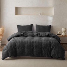 BISELINA 100% Cotton Duvet Cover Set Waffle Weave 3PCS (1 Comforter Cover, 2 Pillow Shams) Reversible Soft Skin-Friendly Breathable Shabby Chic Bedding for All Season - Charcoal Grey, King Size