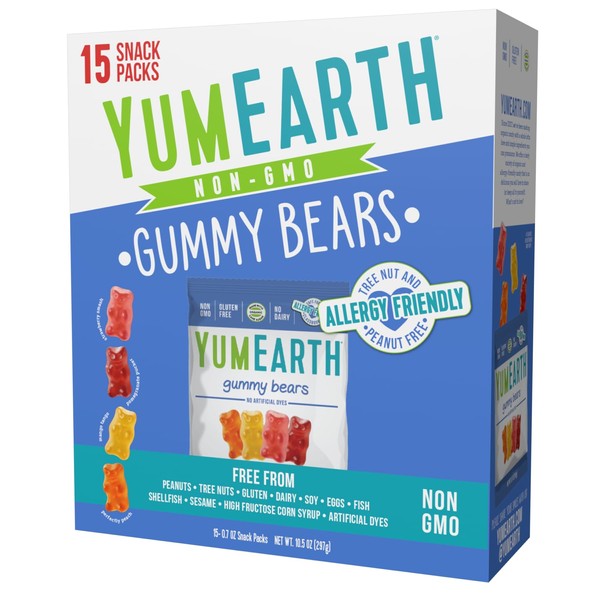YumEarth Organic Gummy Bears - Fruity Gummy Candy Snack Packs, Gluten Free Snacks for Kids - Allergy Friendly, Non-GMO, No Artificial Flavors or Dyes - Assorted Flavors, 10.5 oz. (Pack of 15)