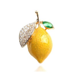 Stainless Steel Fruit Lemon Yellow Leaf Brooch with Rhinestones and Crystals 4 x 3 cm, Stainless Steel