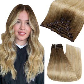 Fshine Hair Extensions Clip in 20 Inch Medium Brown Fading To Honey Blonde And Blonde Hair Extensions with Clips Straight Remy Hair Clip in Extenions for Women 120g 7Pcs