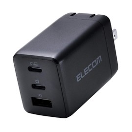 Elecom ACDC-PD10367BK Charger, 67 W, 3 Ports, USB-C x 2, USB-A x 1, USB PD Compatible, Swing Plug, Black