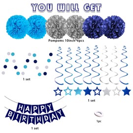Navy Blue and Silver Birthday Decorations, Happy Birthday Banner with Paper Tissue Flowers, Stars Hanging Swirl Streamers, Circle Dots Garland,Party Decorations for Men Boys
