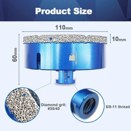110mm Diamond Core Drill Bit for Porcelain Tile Ceramic Marble Granite Drilling,BRSCHNITT 1pc Vacuum Brazed Diamond Hole Saw with 5/8-11 Thread (110mm)