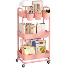 JIUYOTREE 3-Tier Plastic Rolling Storage Cart Utility Cart with Extra Hanging Cups Handles Lockable Wheels for Living Room Bathroom Kitchen Office Pink