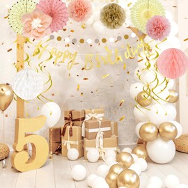 ASTNIC Happy Birthday Party Decorations,18 Pcs Champagne-Gold Beige Boho Birthday Banner Honeycomb Balls Swirl Streamers Paper Poms Birthday Decorations for Women Girls Home (Pink.)