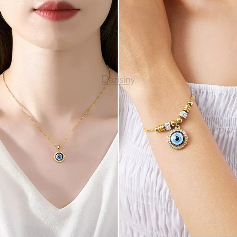 Dazisiny Collar Y Pulsera Ojo Turco De Acero Inoxidable Para
