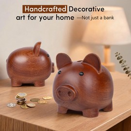 CREAFOMIFE Piggy Bank for Kids & adults, Cute Wooden Pig Money Bank MBrown