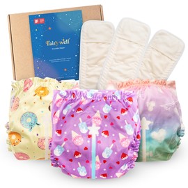 Reusable Cloth Diapers with Wetness Indicator, Swim Diaper, 3 Waterproof Skin Friendly Covers＆Insert One Size Adjustable Washable Diapers for Newborns, Baby (11-33 pounds, 0-3 Years, Sweets Paradise)